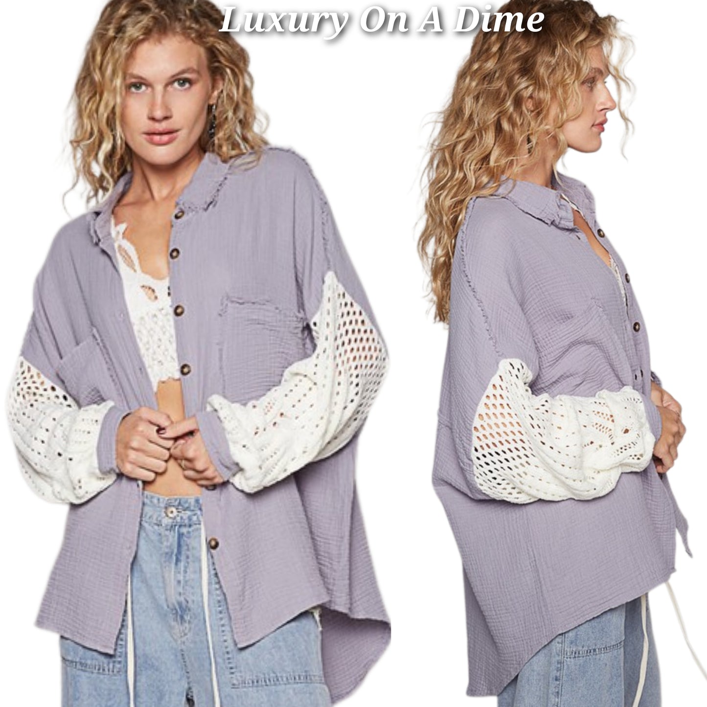 POL Crochet Patchwork Oversized Button-Up Blouse Long Sleeve High-low Gauze Shirt
