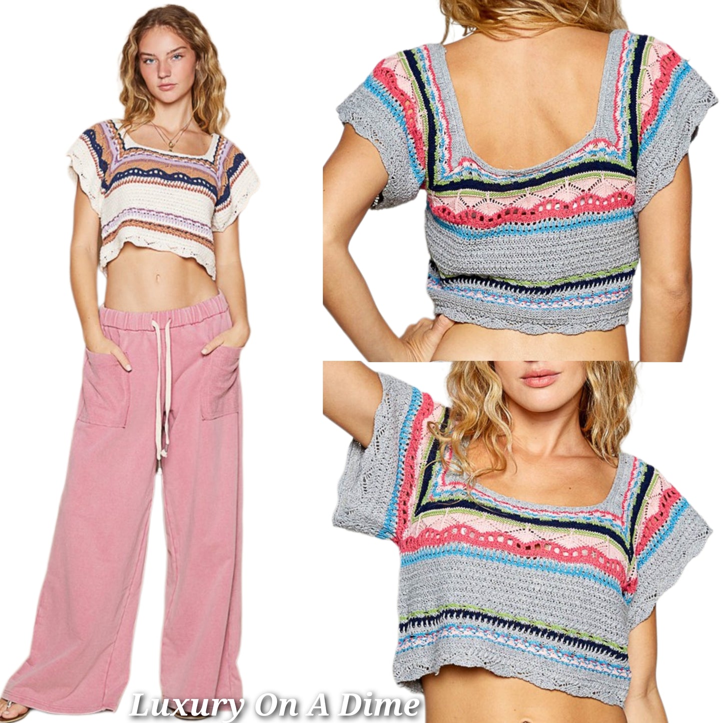 POL Crochet Openwork Bohemian Short Sleeve Crop Top Colorful Granny Knit Shirt Grey