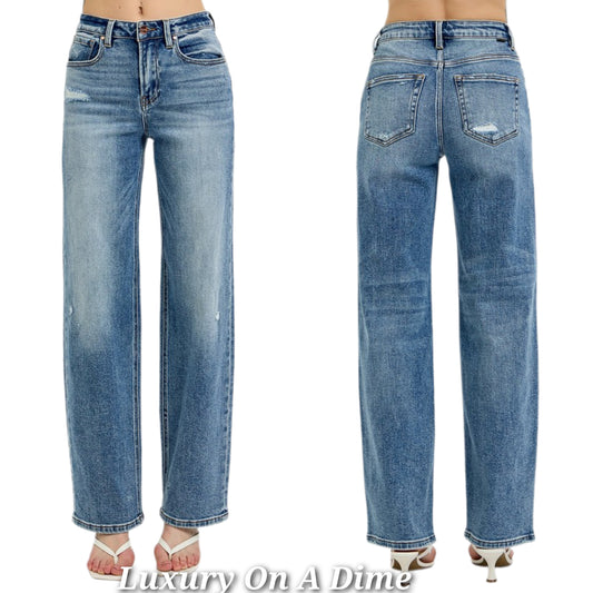 RISEN Distressed High-Rise Pants Wide Leg Relaxed Fit Boyfriend Jeans Denim