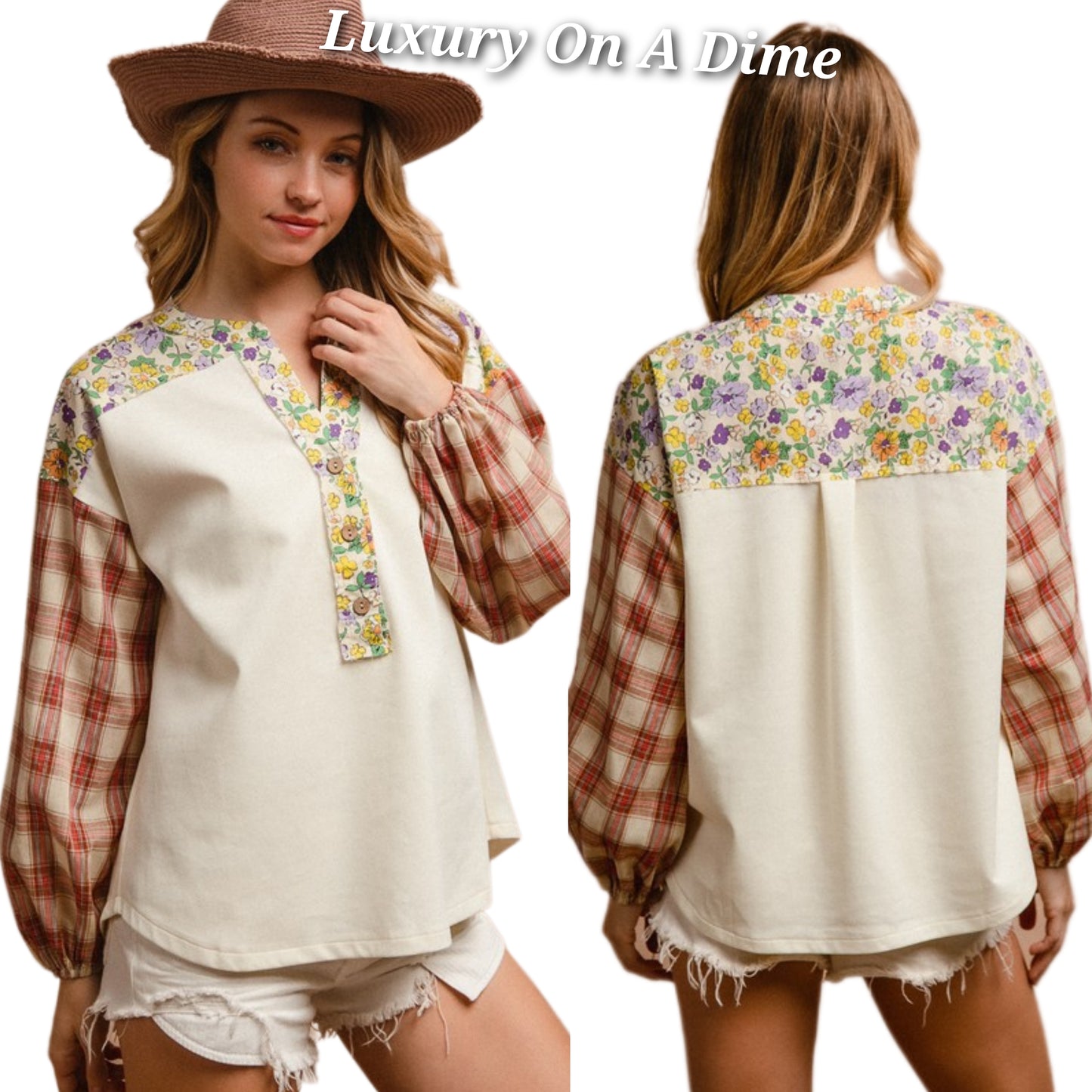 BiBi Blouse Plaid Patchwork Retro 70s Floral Top Long Sleeve Notched Neck Shirt