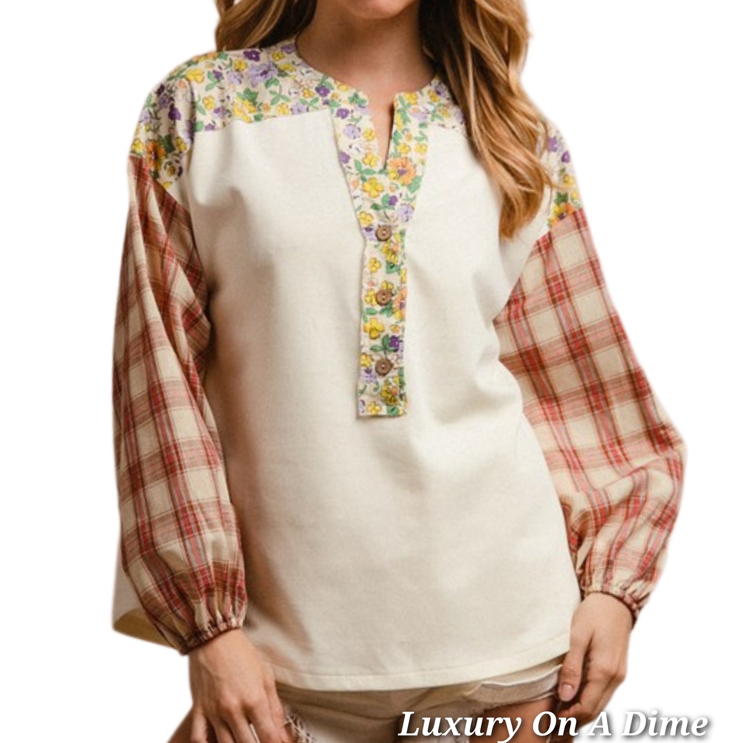 BiBi Blouse Plaid Patchwork Retro 70s Floral Top Long Sleeve Notched Neck Shirt