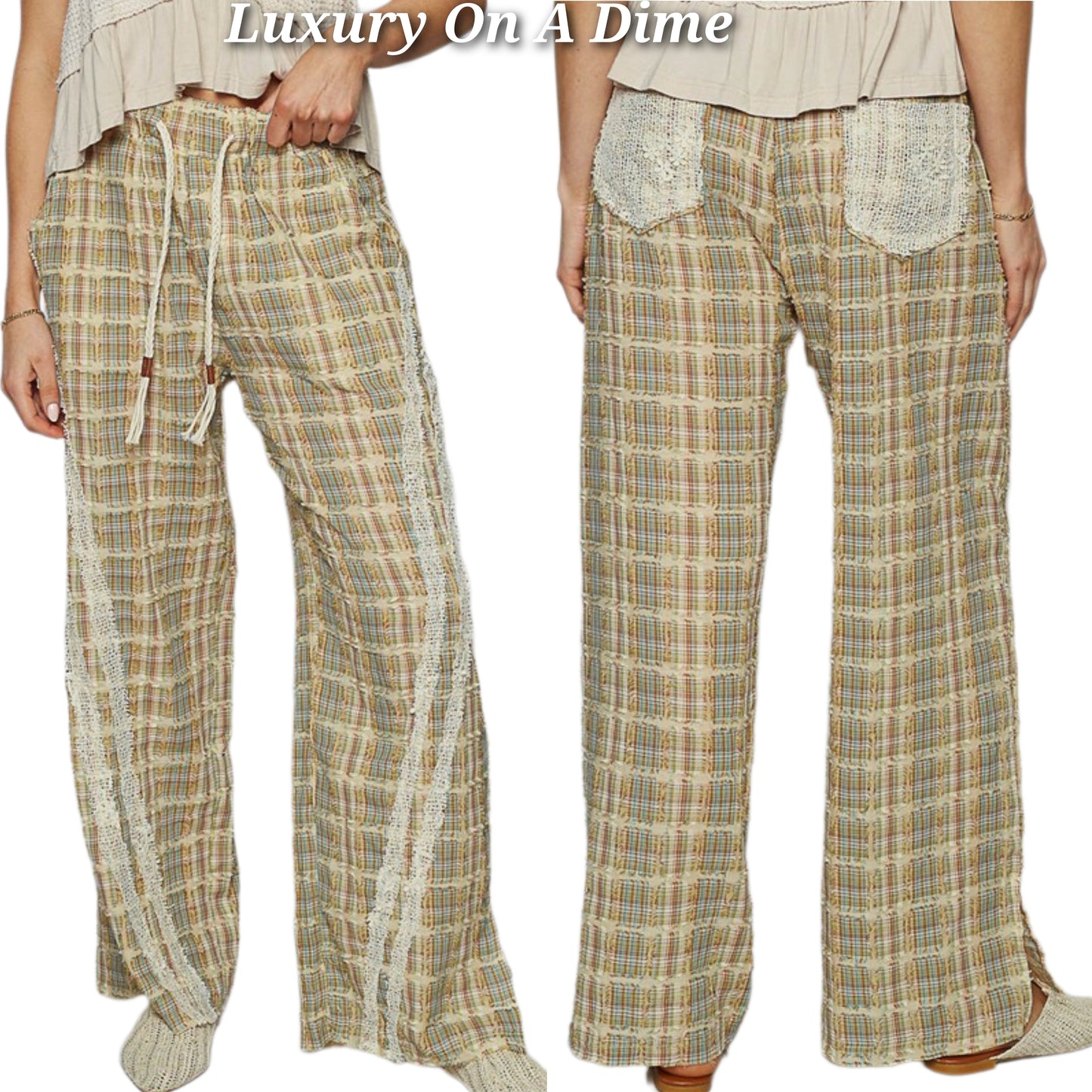 POL Lace Checker Plaid Patchwork Raw Frayed Seams Drawstring Wide Leg Pants