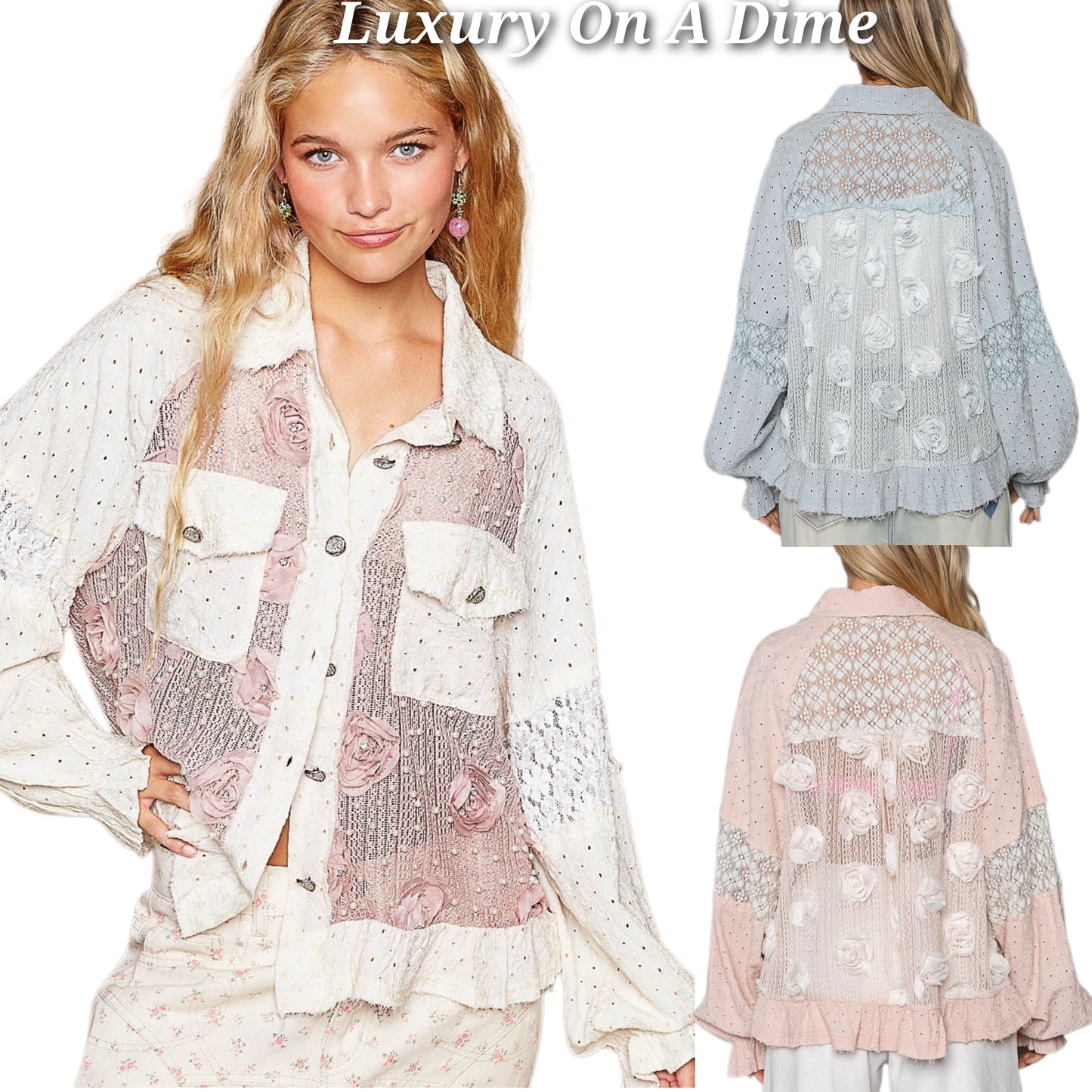POL Pearl Blouse Lace Patchwork Eyelet Floral Top Long-Sleeve Boho Button Shirt Mauve Pink Cream