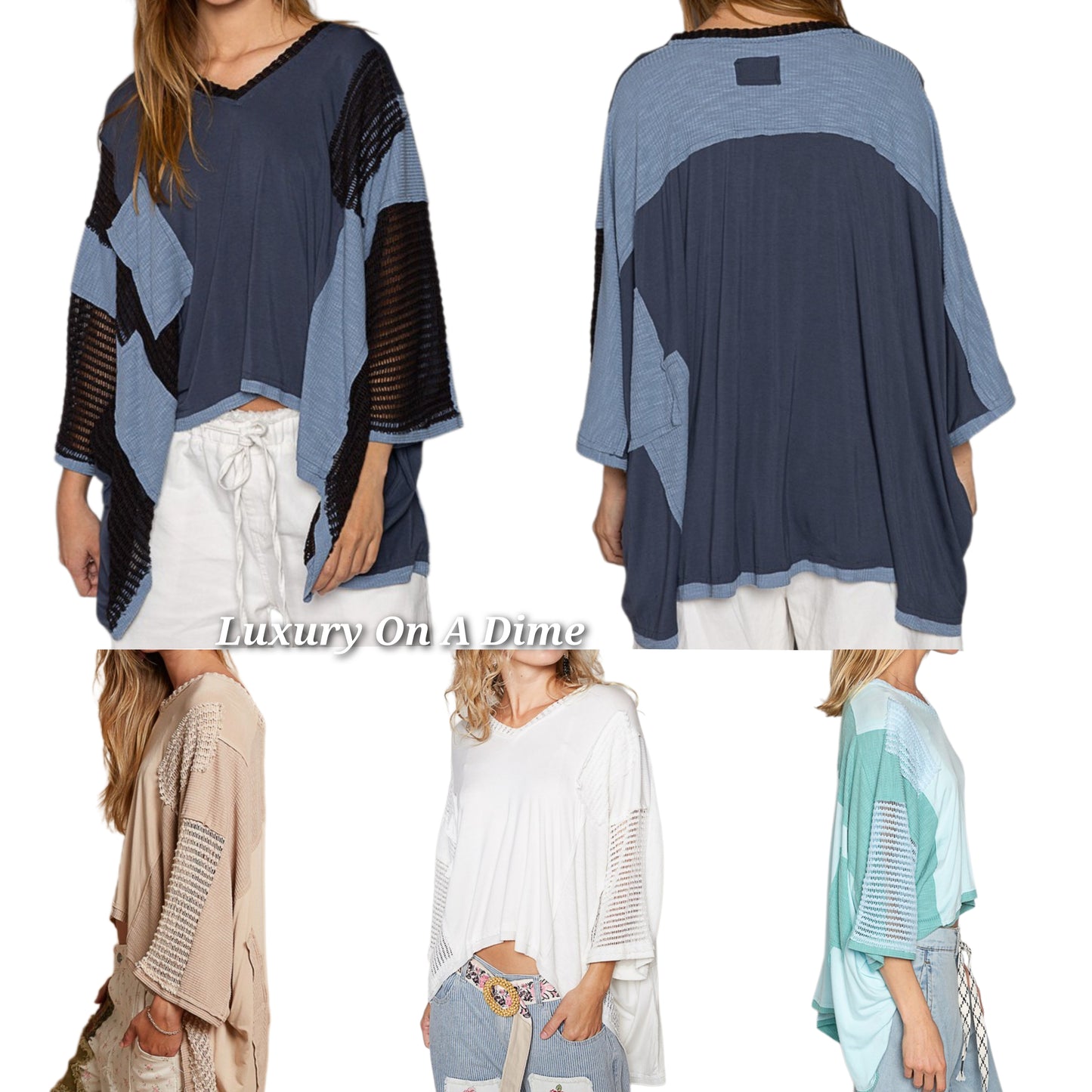 POL Lace Waffle Knit Patchwork Retro High-Low Top Oversized Boho Hippie Shirt Blush Pink
