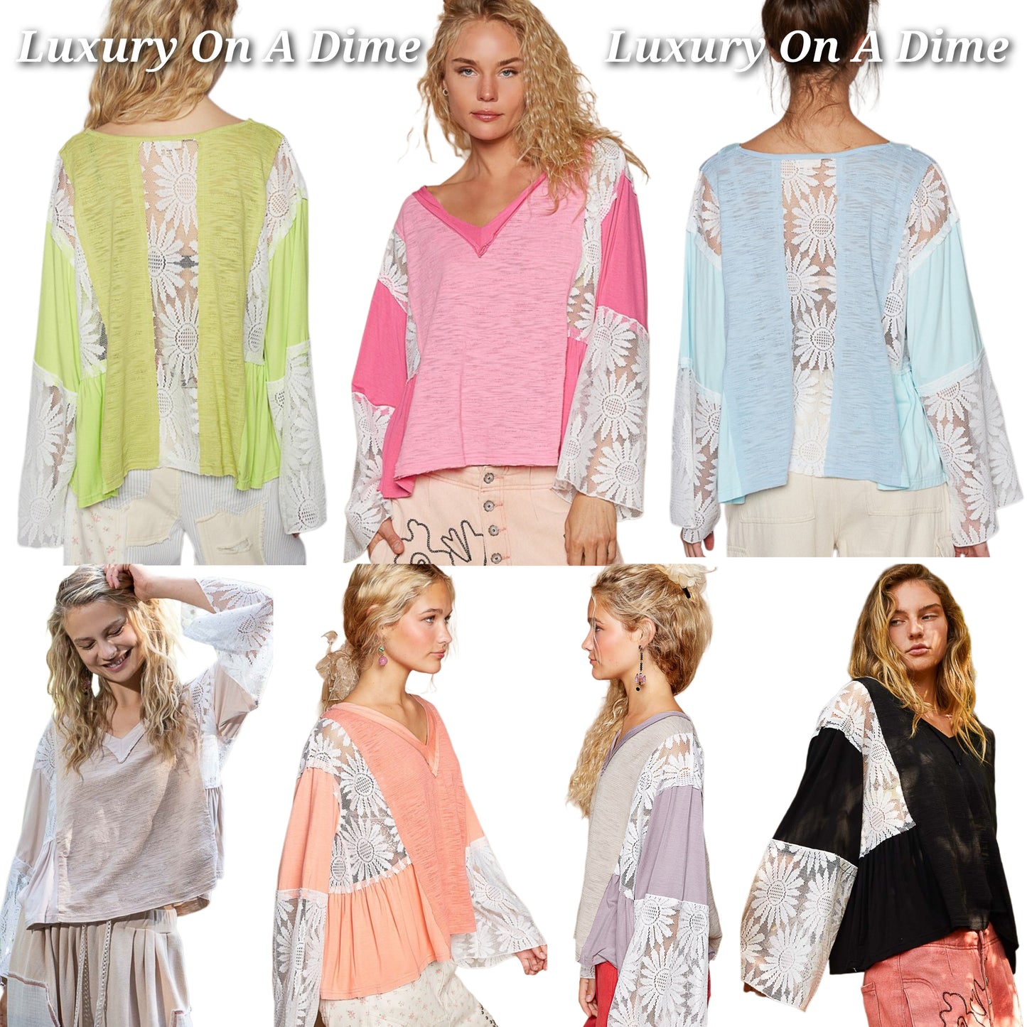 POL Floral Lace Patchwork Retro Flare Bell Sleeve Top Oversized Boho Hippy Shirt