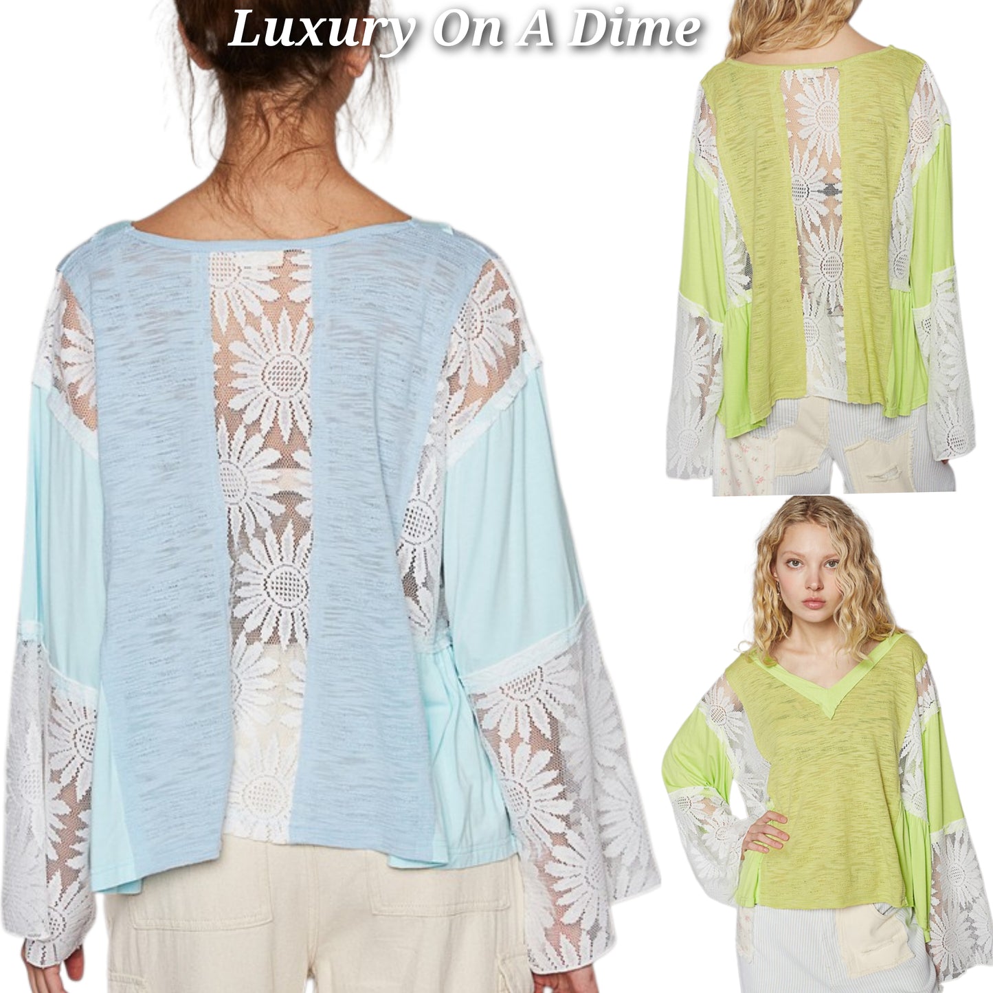 POL Floral Lace Patchwork Retro Flare Bell Sleeve Top Oversized Boho Hippy Shirt Coral