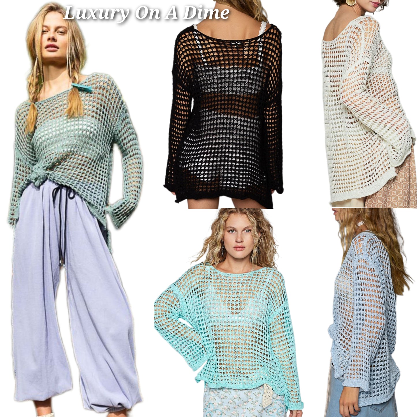 POL Openwork Crochet Knit Retro Flare Bell Sleeve Top Oversized Boho Hippy Shirt Mint Blue