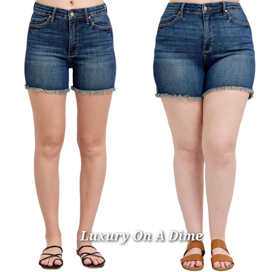 Judy Blue Tummy Control High Rise Distressed Denim Cut-off Frayed Jean Shorts