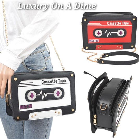 Retro 80s Vintage 3D Cassette Tape Novelty Purse Convertible Clutch Crossbody Chain Bag