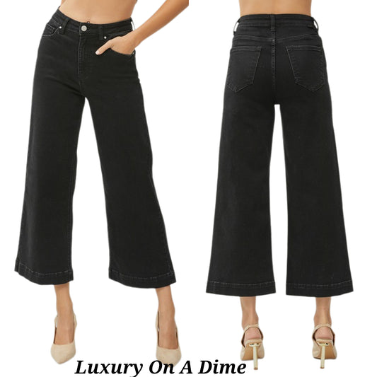 RISEN High-Rise Waist Pants Wide Leg Cropped Ankle Boyfriend Fit Denim Jeans