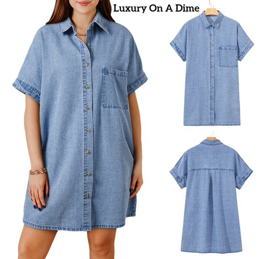 Button Down Denim Shirt Dress Jean Collar Oversized Short Sleeve Pocket Mini