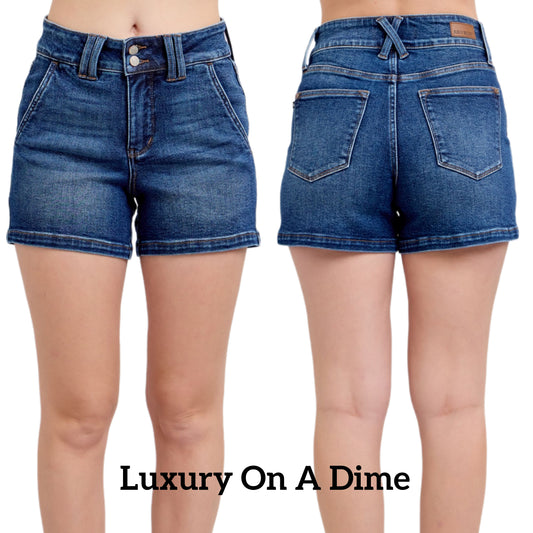 Judy Blue High Rise Double Button Waist Denim Mid-length Classic Jean Shorts