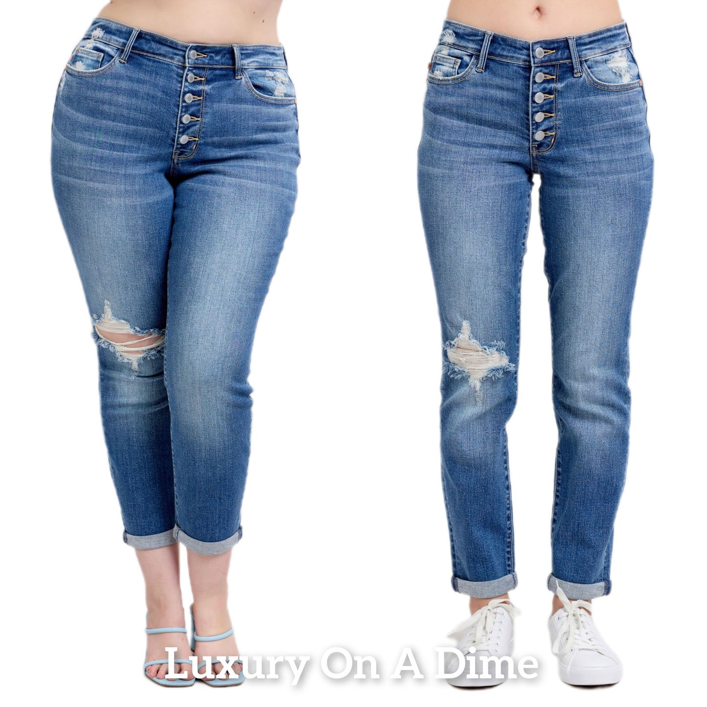 Judy Blue High-Rise Jeans Button Fly Distressed Relaxed Ankle Cuff Denim Pants