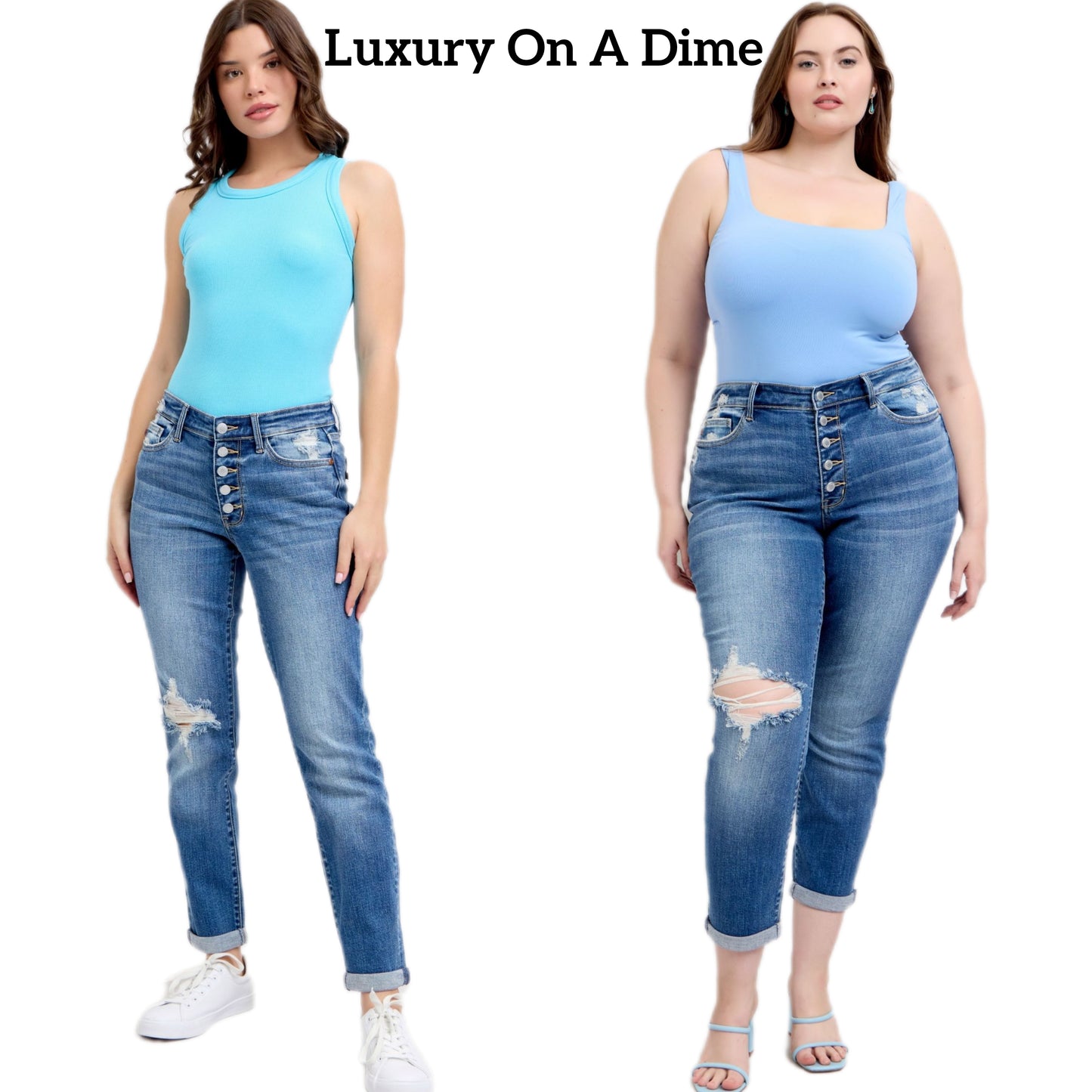 Judy Blue High-Rise Jeans Button Fly Distressed Relaxed Ankle Cuff Denim Pants