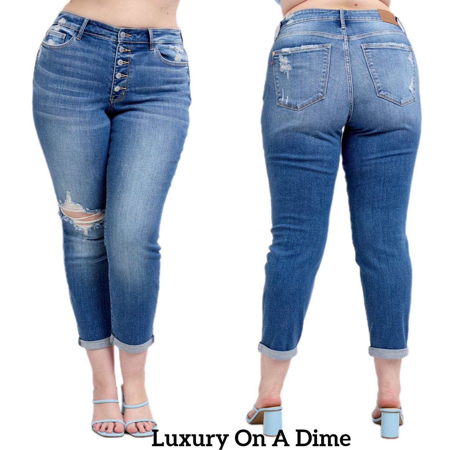 Judy Blue High-Rise Jeans Button Fly Distressed Relaxed Ankle Cuff Denim Pants