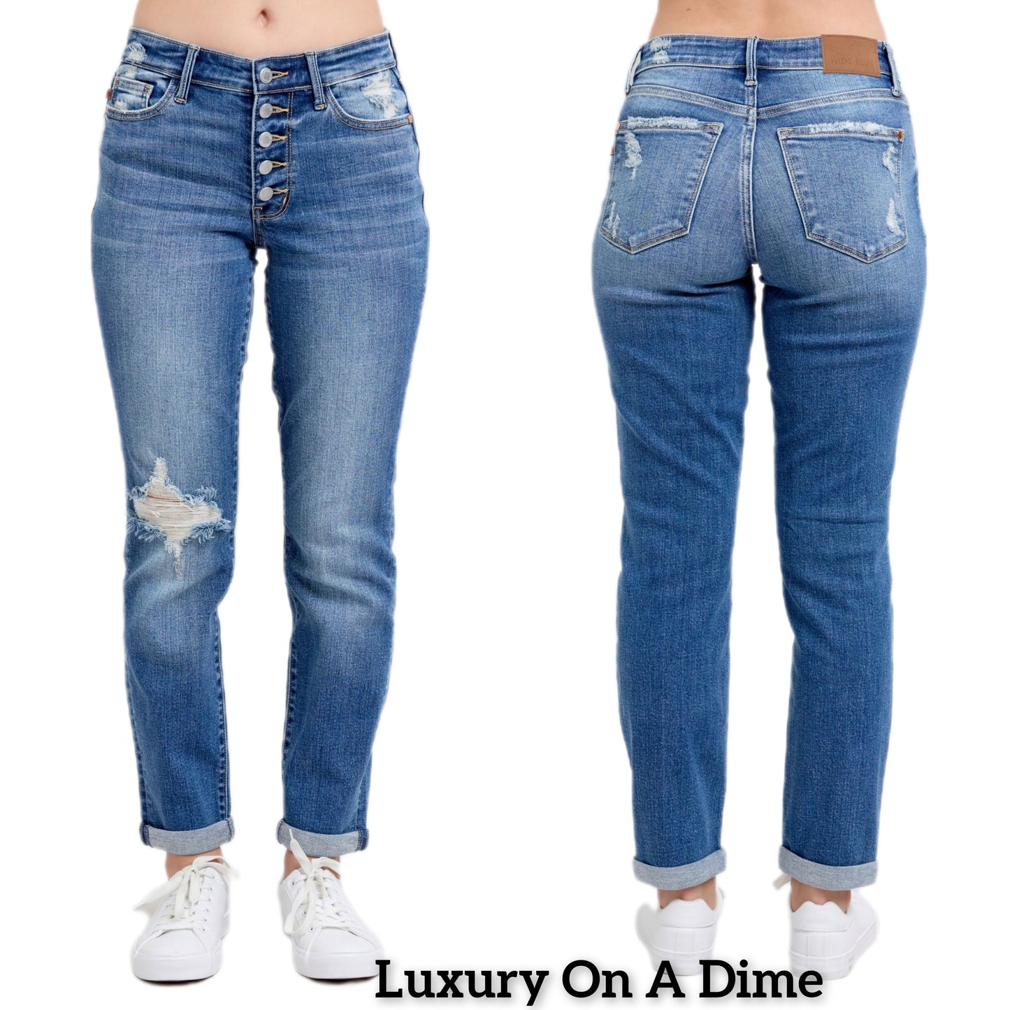 Judy Blue High-Rise Jeans Button Fly Distressed Relaxed Ankle Cuff Denim Pants