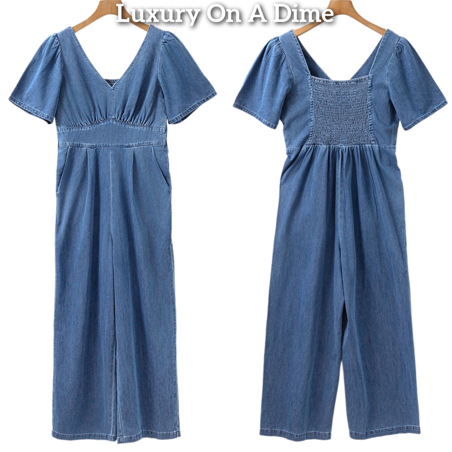 Retro Denim Wide Leg Short Sleeve Blue Jean V-neck Pant Jumpsuit Smocked Back