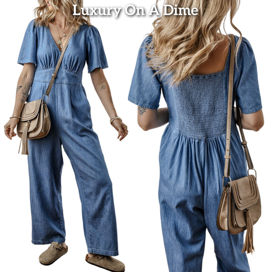 Retro Denim Wide Leg Short Sleeve Blue Jean V-neck Pant Jumpsuit Smocked Back