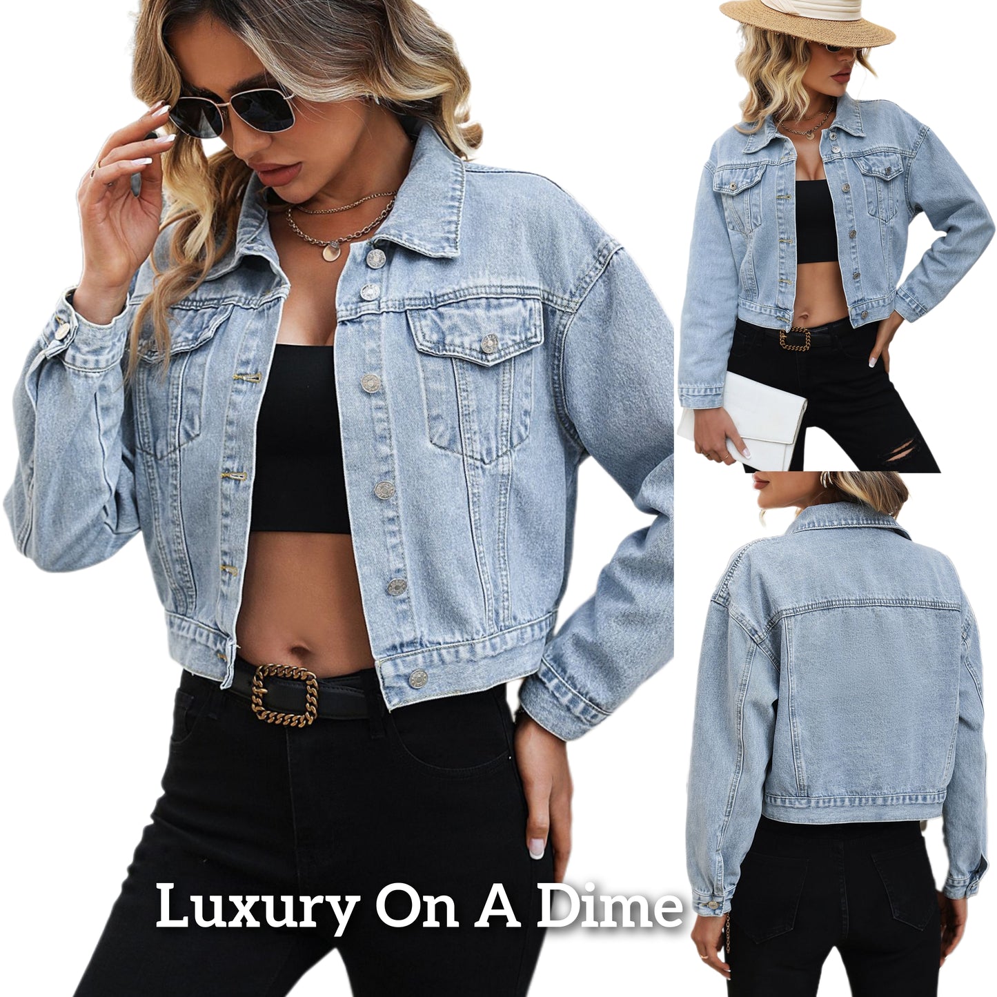 Classic Cropped 90s Retro Jean Button-Up Pocket Collar Long Sleeve Denim Jacket