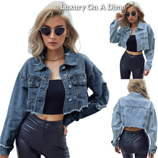 Cropped Distressed Jean Jacket Raw Frayed Hem Button Blue Denim Long Sleeve
