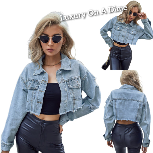 Cropped Distressed Jean Jacket Raw Frayed Hem Button Blue Denim Long Sleeve