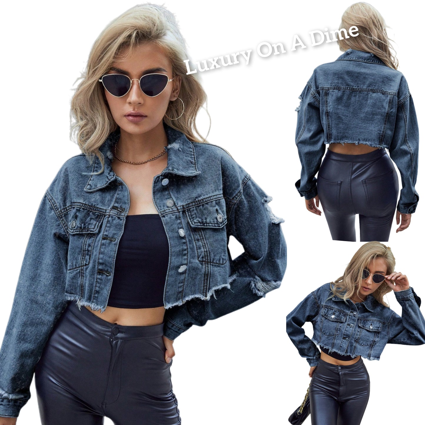 Cropped Distressed Jean Jacket Raw Frayed Hem Button Blue Denim Long Sleeve