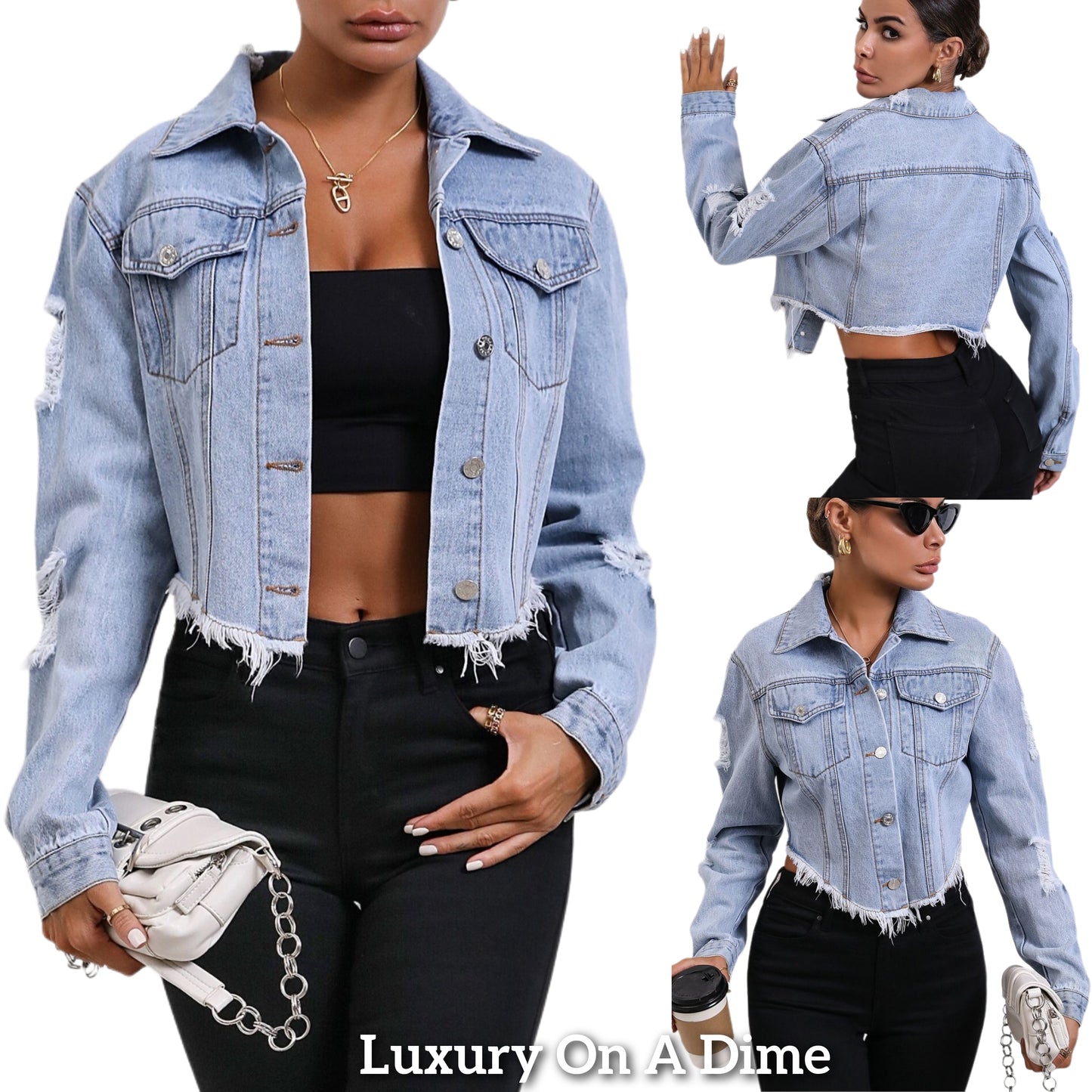 Distressed Jean Jacket Cropped Raw Frayed Hem Button-Up Denim Long Sleeve