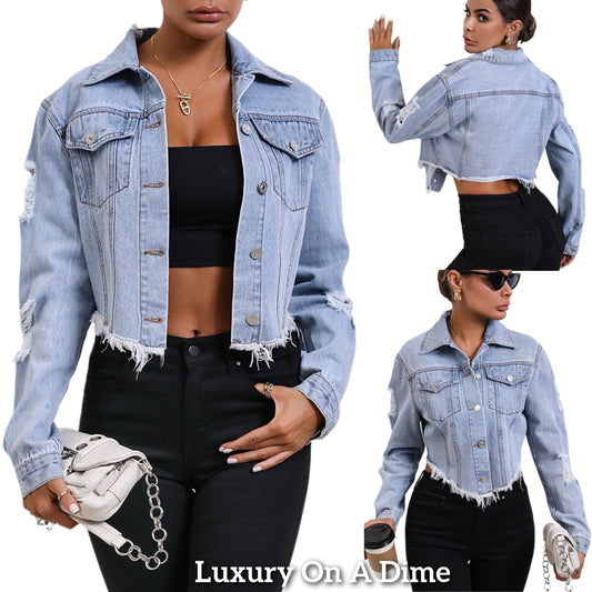 Distressed Jean Jacket Cropped Raw Frayed Hem Button-Up Denim Long Sleeve
