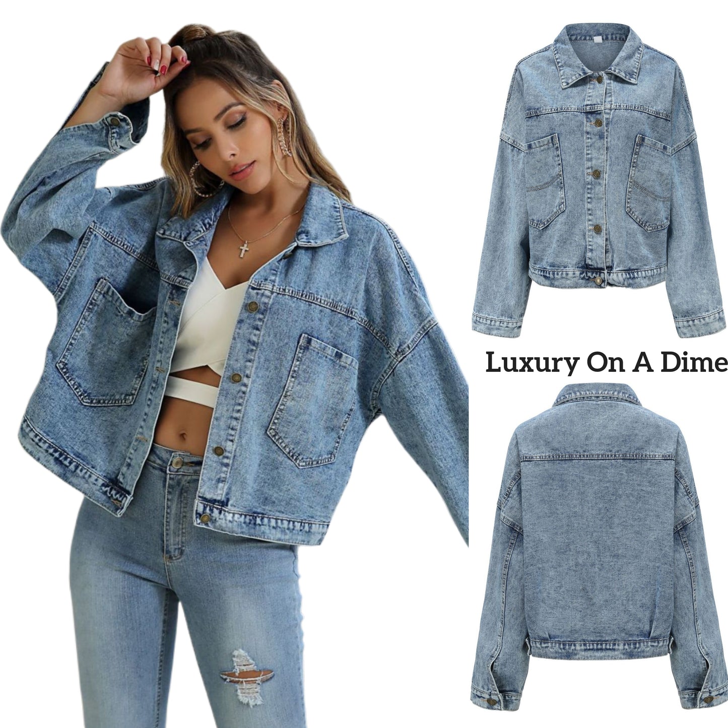 Oversized Boyfriend Denim Jacket Button-Up Collar Patch Pocket 90s Retro Blue Jean