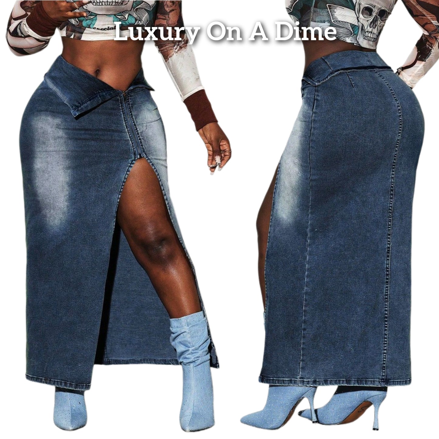 Cutout Leg Fold Over High-Rise Waist Denim Maxi Straight Pencil Jean Skirt