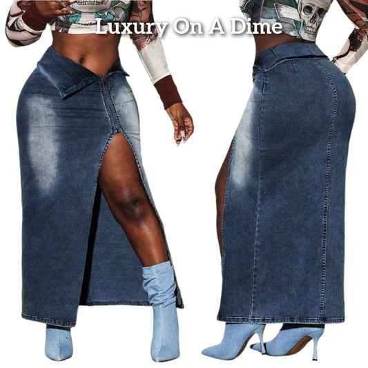 Cutout Leg Fold Over High-Rise Waist Denim Maxi Straight Pencil Jean Skirt