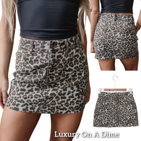 Leopard Denim Jean Mini Skirt Classic Pocket Animal Print Retro High-Rise Waist Western Mobwife