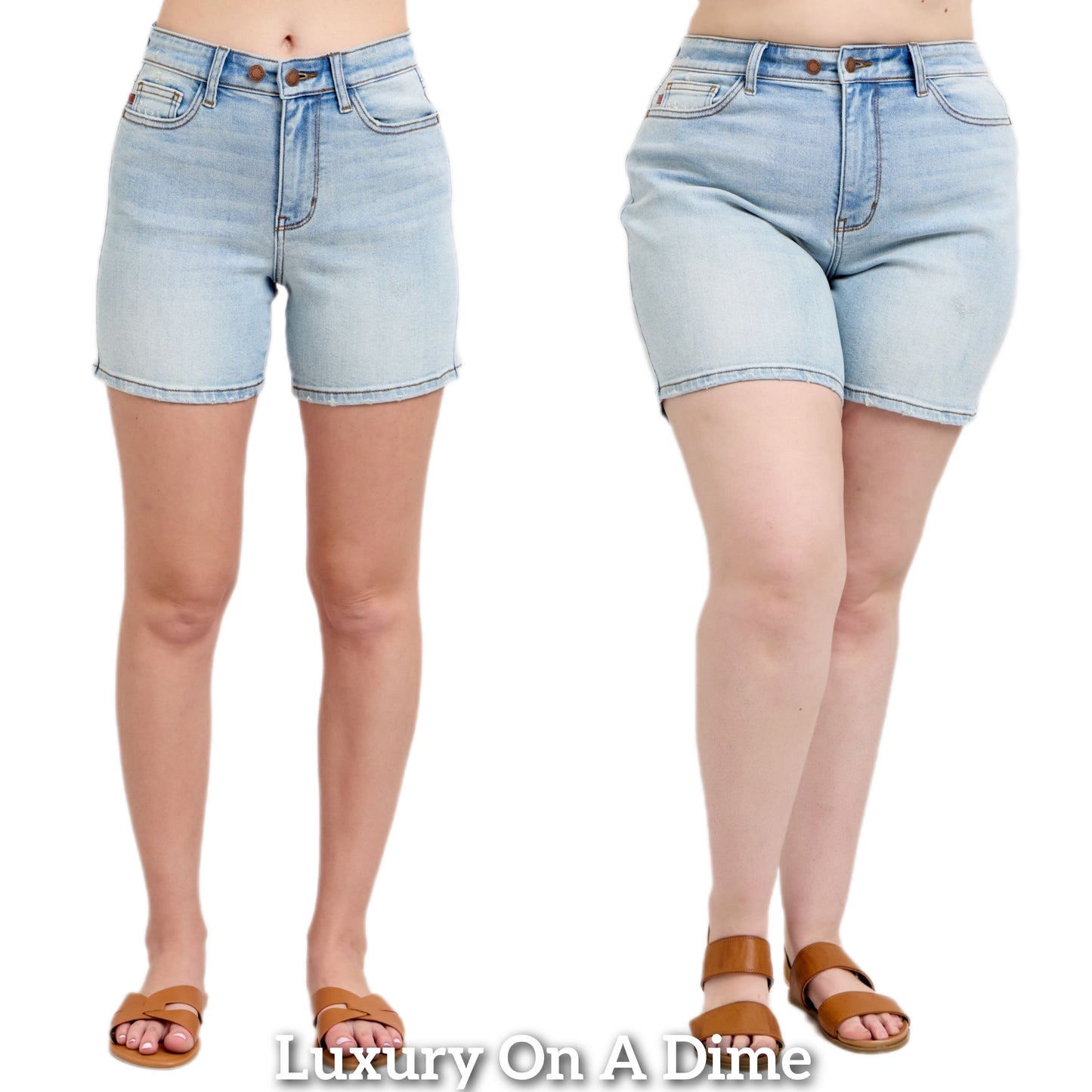 Judy Blue High Rise Double Button Waist Denim Mid-length Slim Fit Classic Jean Shorts