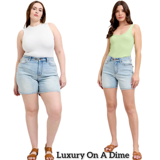 Judy Blue High Rise Double Button Waist Denim Mid-length Slim Fit Classic Jean Shorts