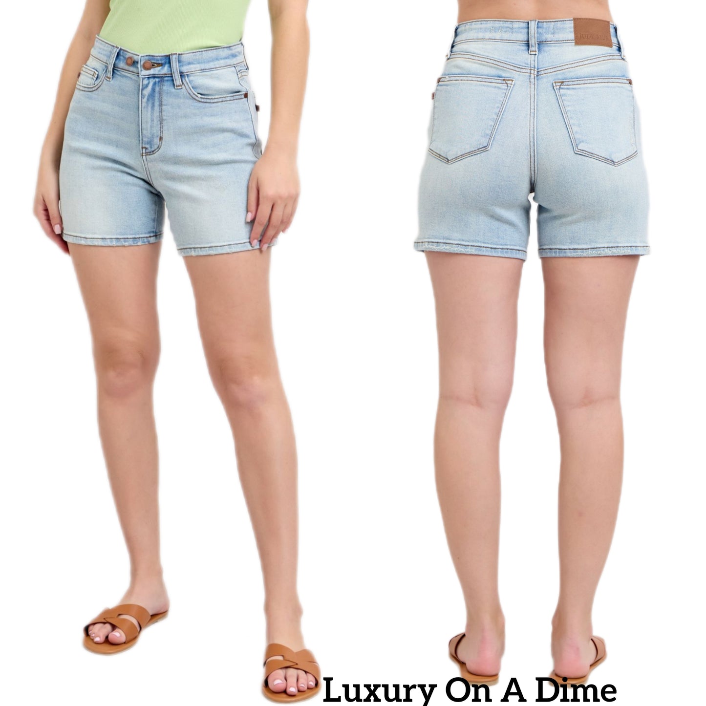 Judy Blue High Rise Double Button Waist Denim Mid-length Slim Fit Classic Jean Shorts