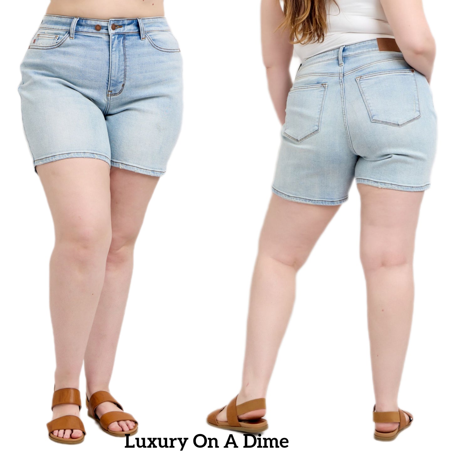Judy Blue High Rise Double Button Waist Denim Mid-length Slim Fit Classic Jean Shorts