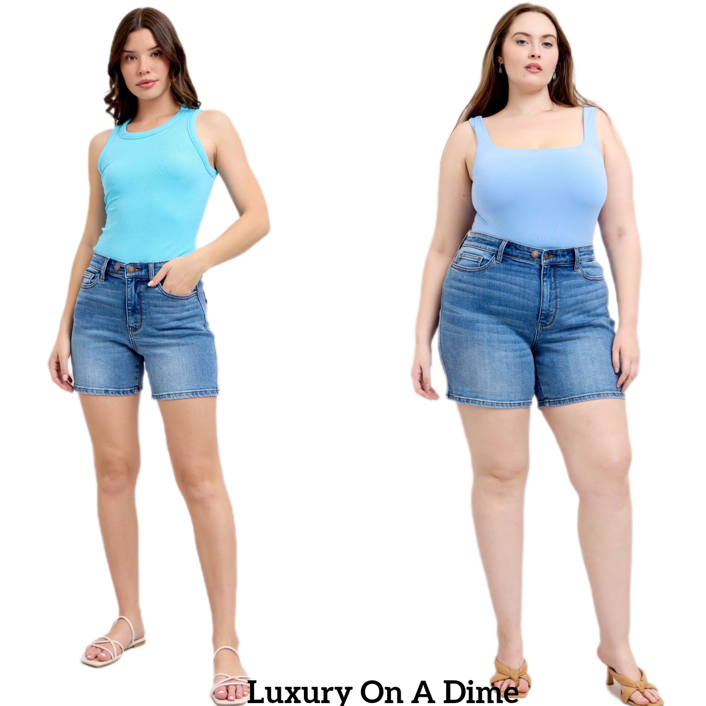 Judy Blue High Rise Double Button Waist Denim Mid-length Slim Fit Jean Shorts