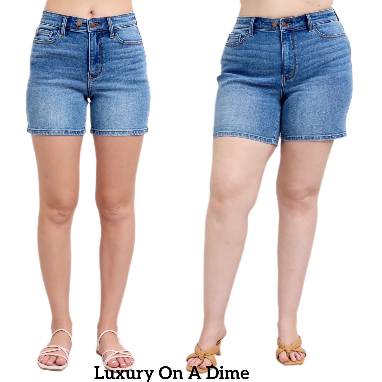 Judy Blue High Rise Double Button Waist Denim Mid-length Slim Fit Jean Shorts