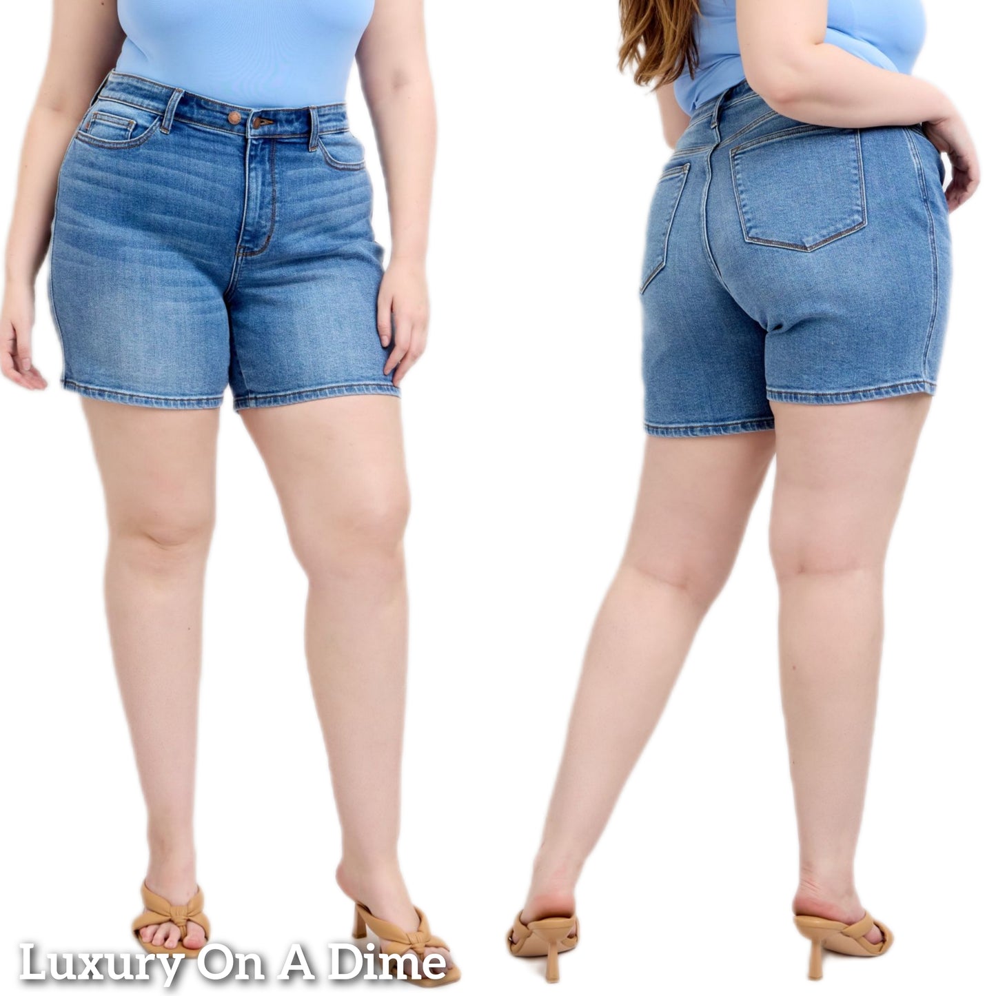 Judy Blue High Rise Double Button Waist Denim Mid-length Slim Fit Jean Shorts