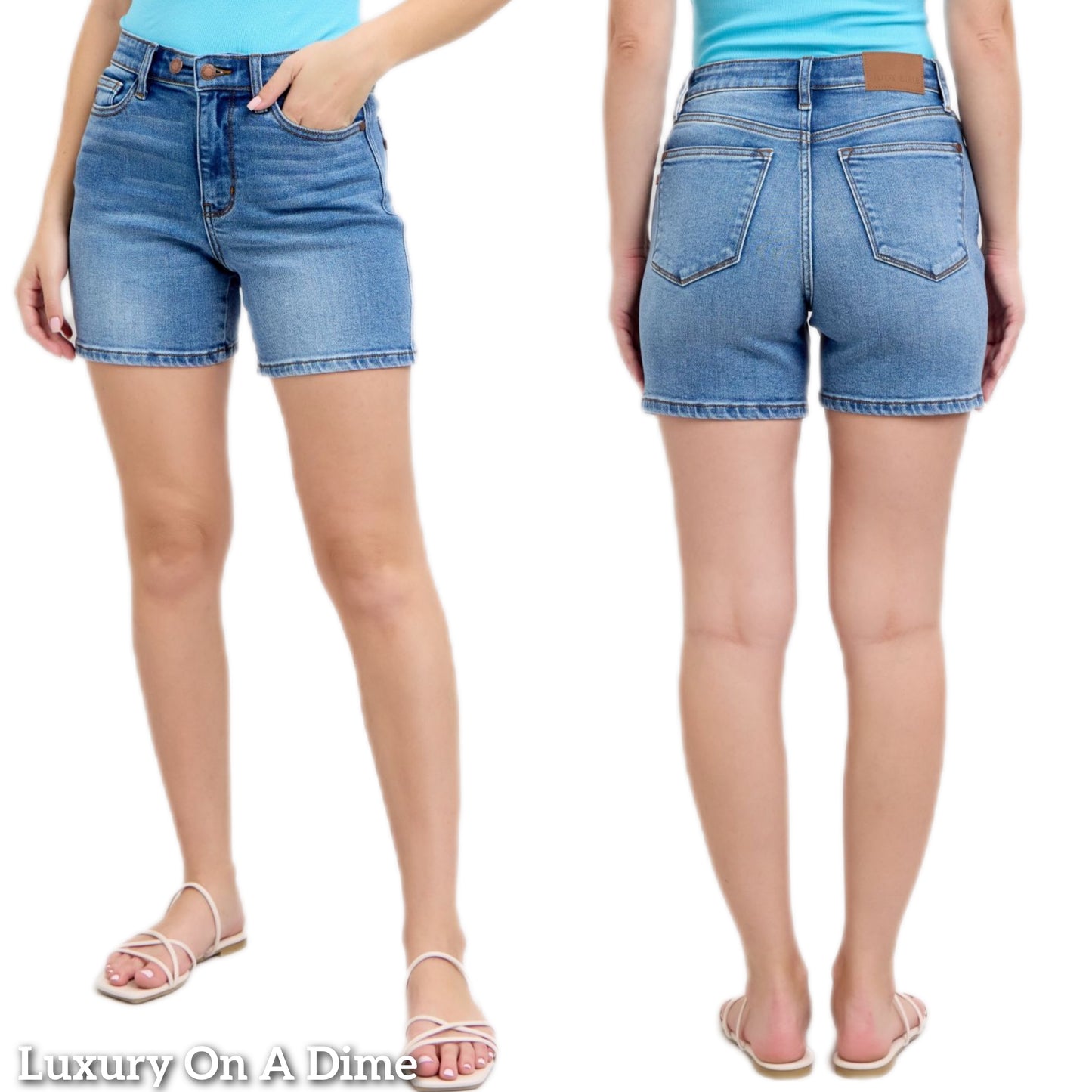 Judy Blue High Rise Double Button Waist Denim Mid-length Slim Fit Jean Shorts