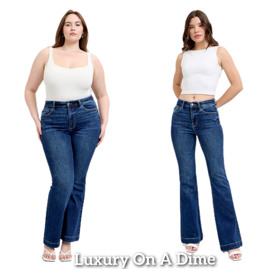 Judy Blue Retro High-Rise Waist Slim Fit Pants Tapered Flare Leg Denim Jeans