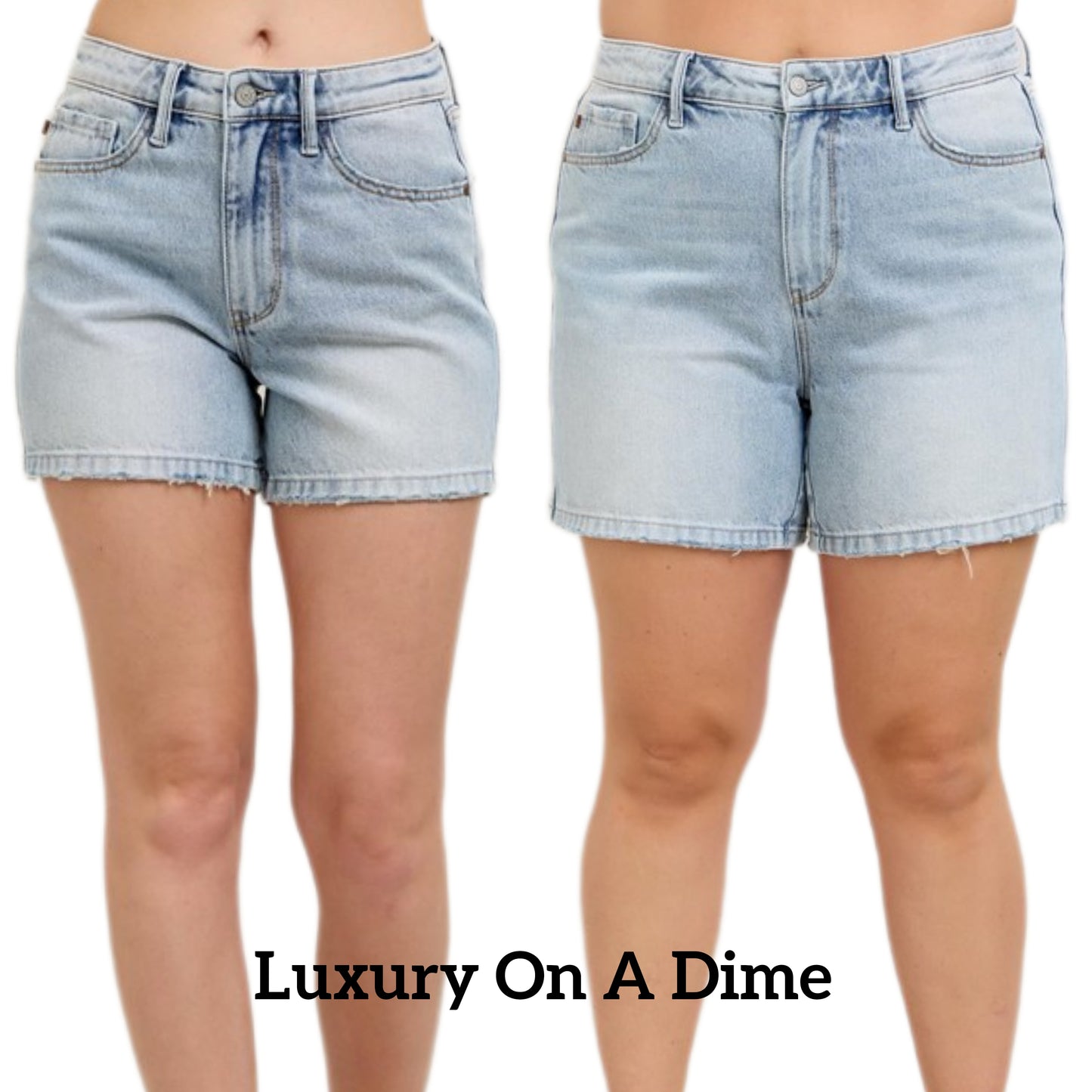 Judy Blue High Rise Denim Relaxed Boyfriend Mid-Length Raw Hem Jean Shorts