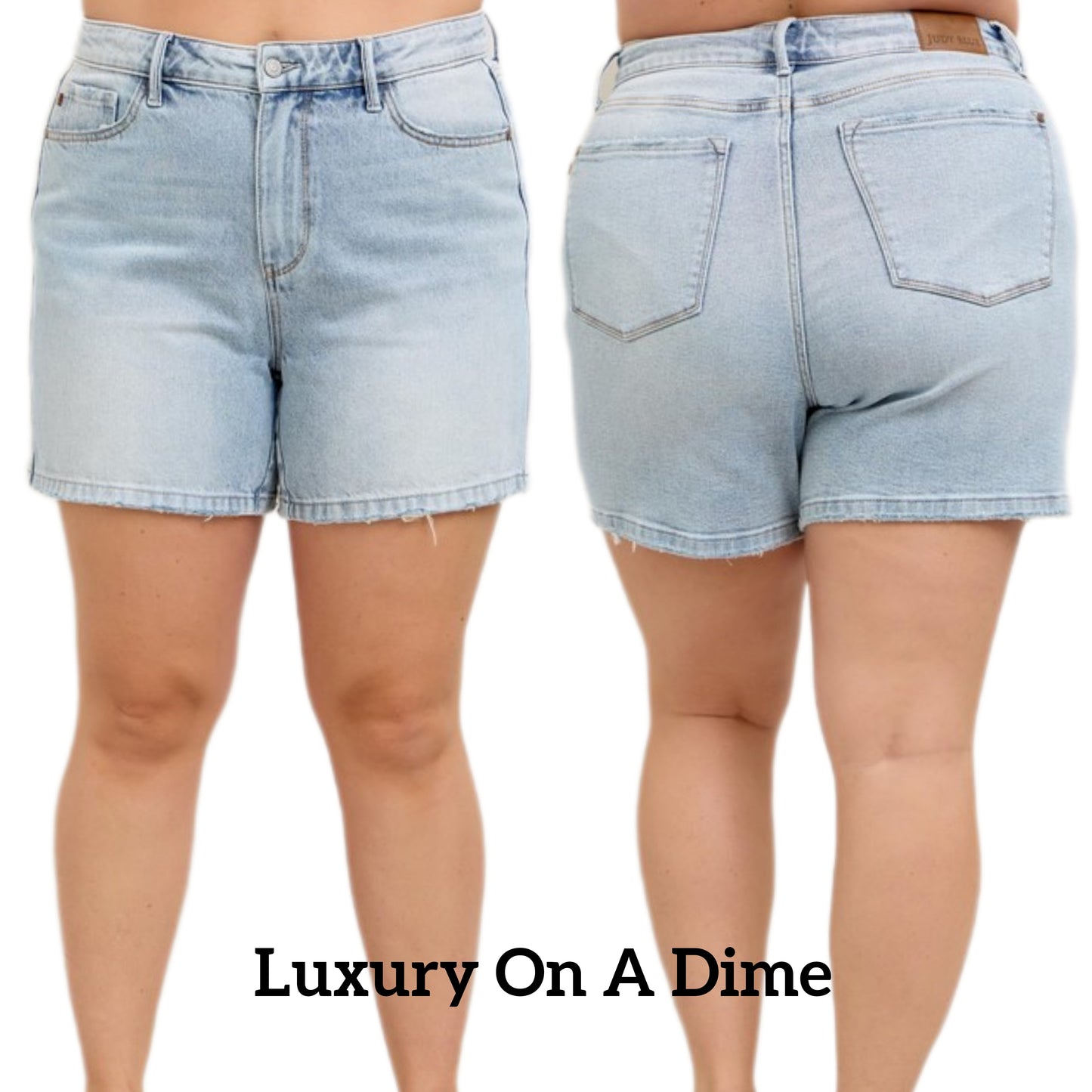 Judy Blue High Rise Denim Relaxed Boyfriend Mid-Length Raw Hem Jean Shorts