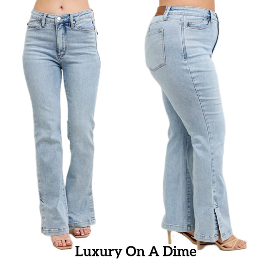 Judy Blue Tummy Control High-Rise Slim Fit Slit Hem Bootcut Jeans Denim Pants