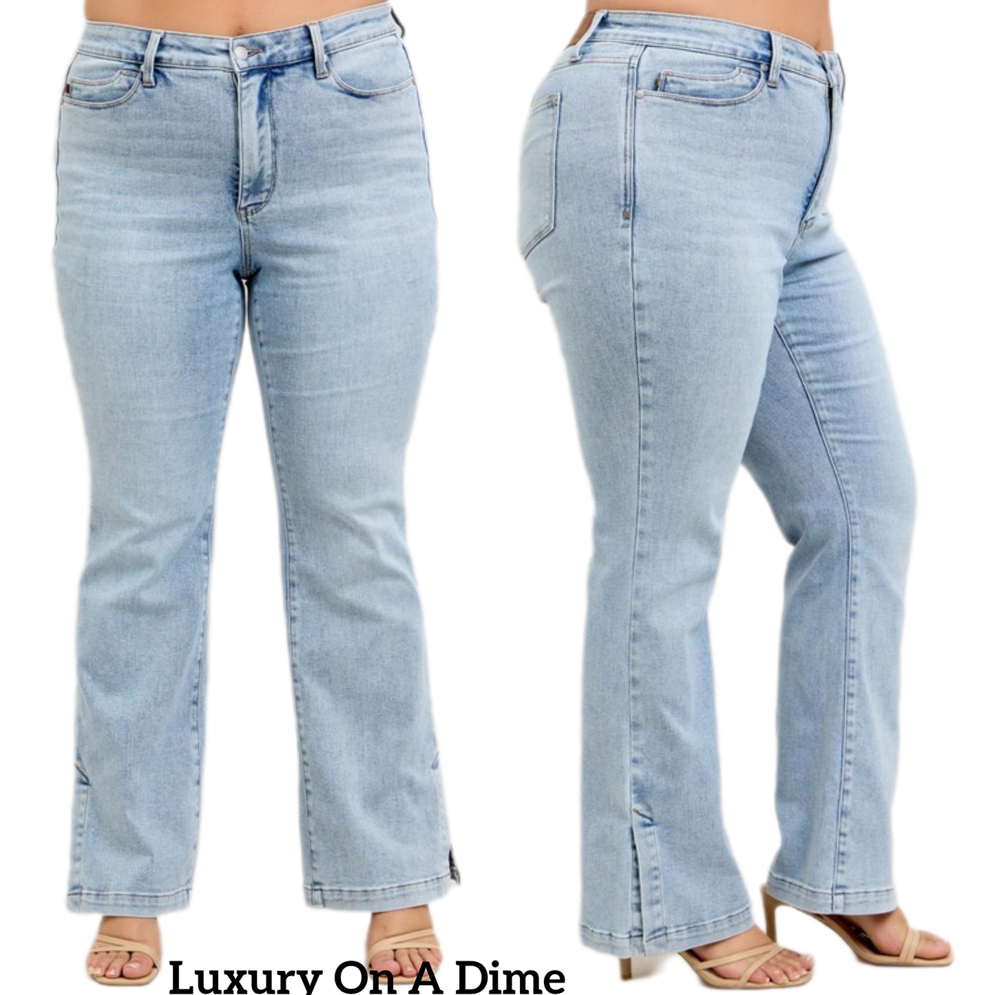 Judy Blue Tummy Control High-Rise Slim Fit Slit Hem Bootcut Jeans Denim Pants