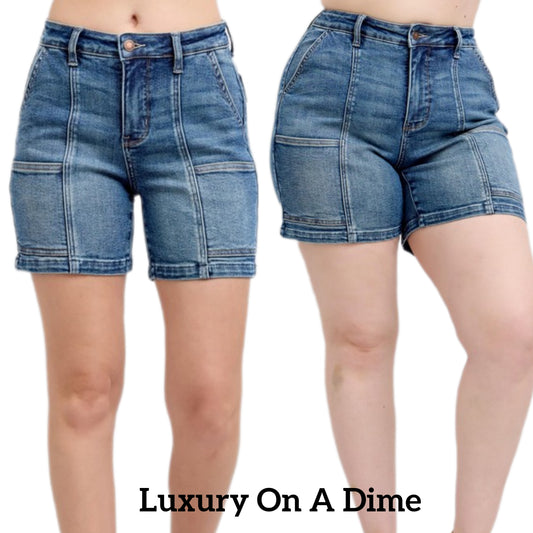 Judy Blue High Rise Denim Mid-Length Enevlope Pockets Slim Fit Jean Shorts