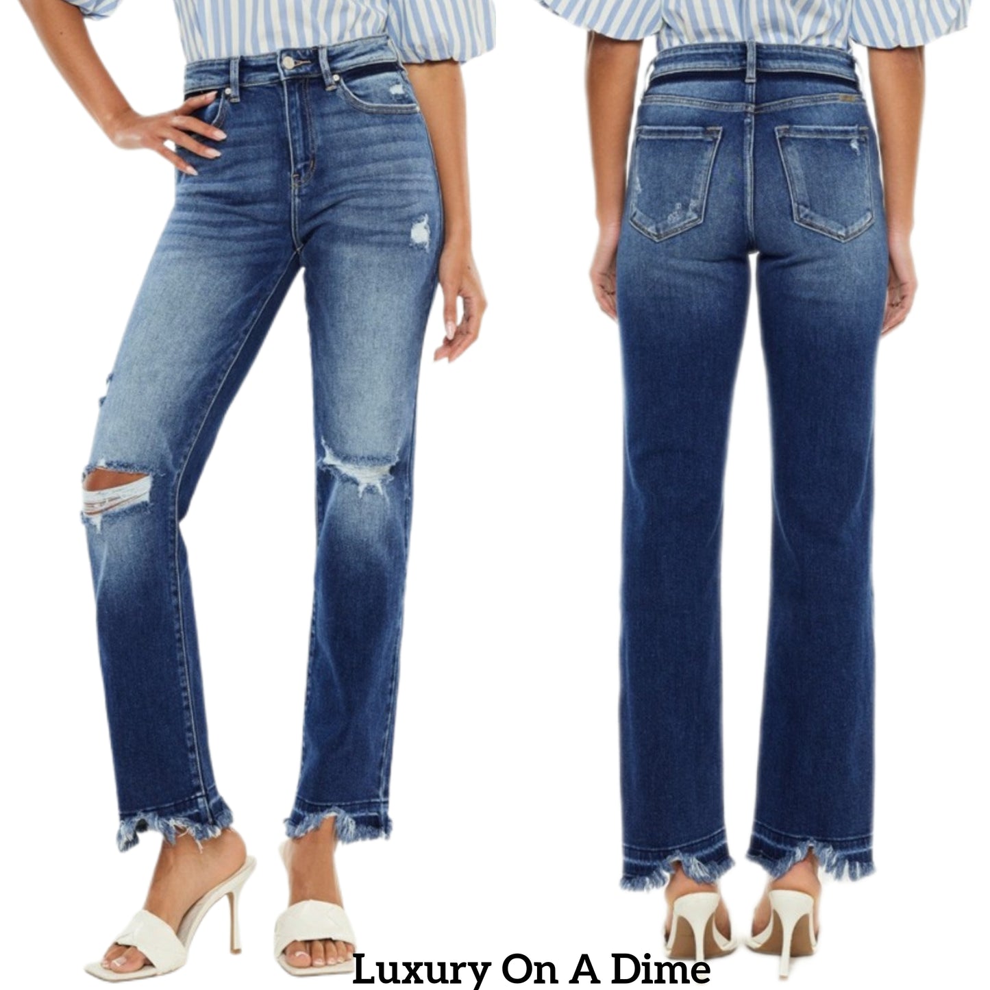 KanCan High-Rise Waist Slim Jeans Torn Distressed Torn Straight Leg Denim Pants