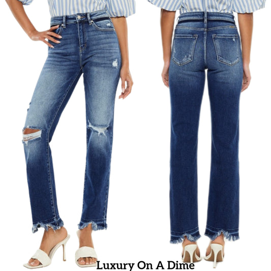 KanCan High-Rise Waist Slim Jeans Torn Distressed Torn Straight Leg Denim Pants