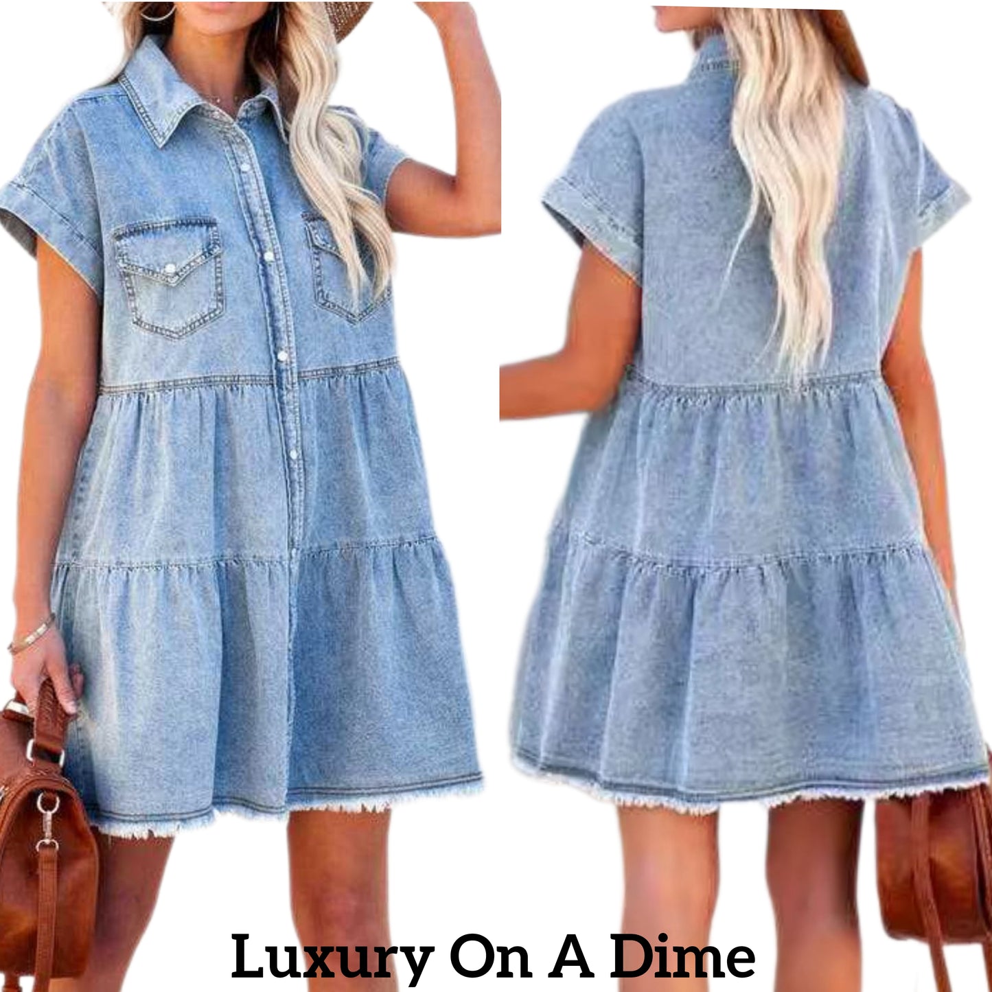 Babydoll Mini Dress Button-Up Denim Short Sleeve Blue Jean Tiered Raw Hem