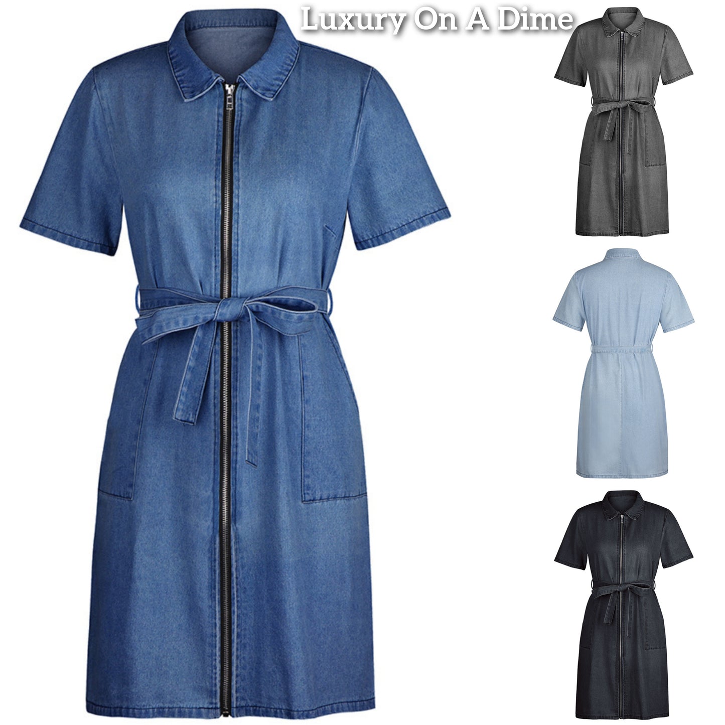 Belted Retro Pocket Denim Dress Collar Short Sleeve Zipper Blue Jean Mini